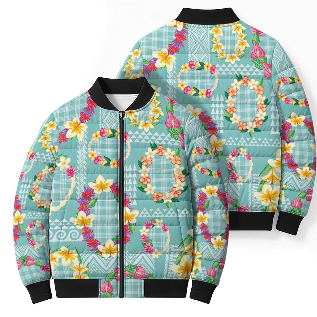 Hawaiian Leis Bomber Puffer Jacket Kakau Tattoos and Palaka Pastel Teal Color