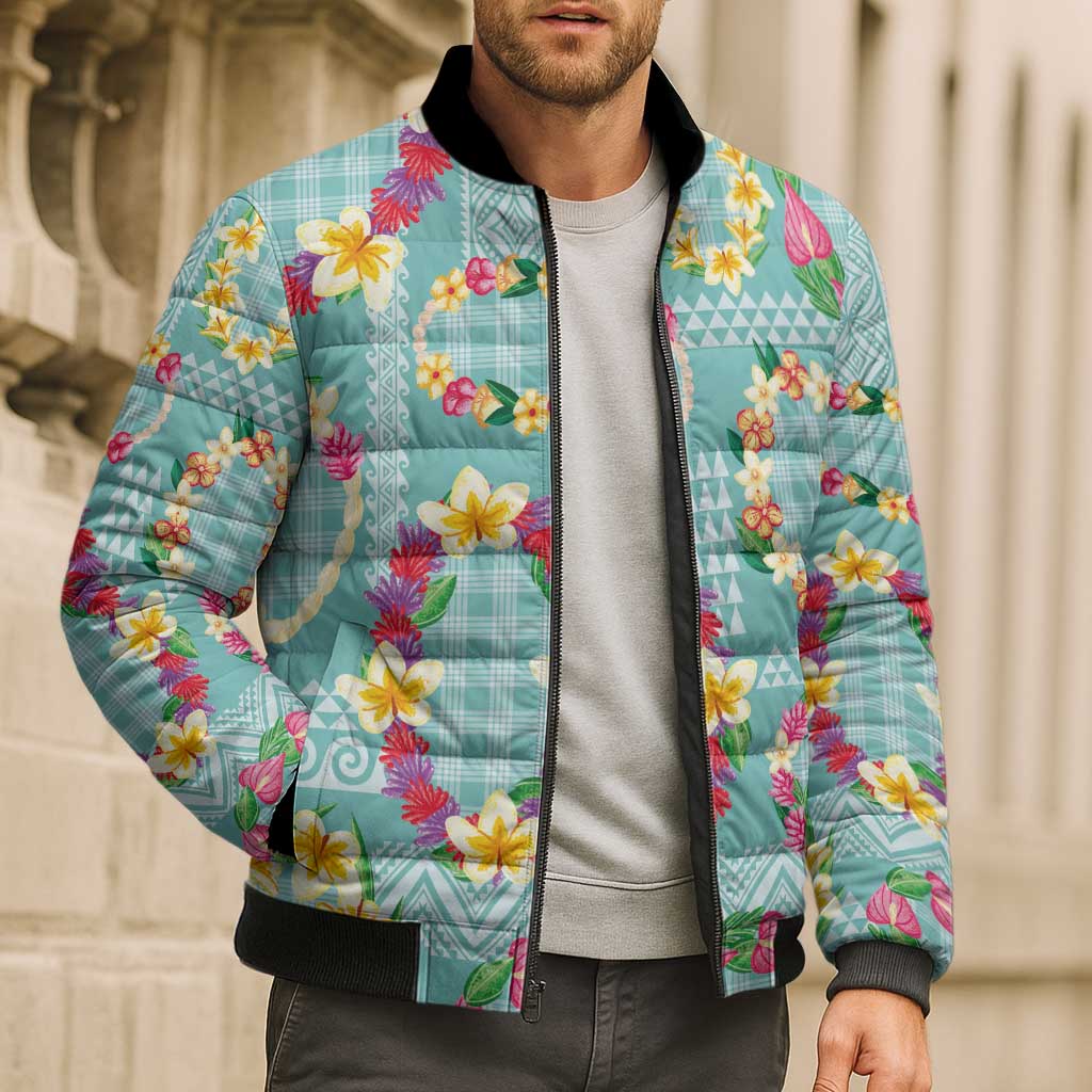 Hawaiian Leis Bomber Puffer Jacket Kakau Tattoos and Palaka Pastel Teal Color