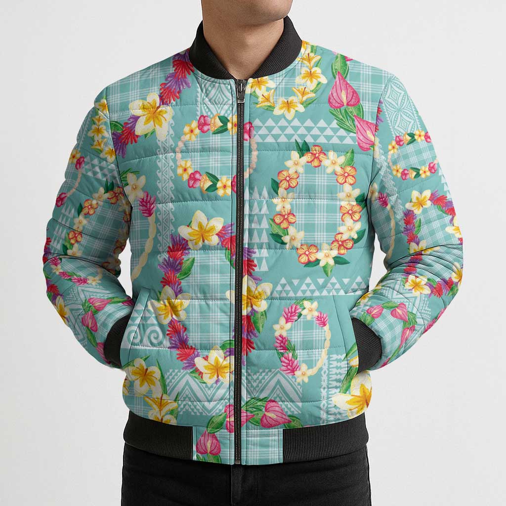 Hawaiian Leis Bomber Puffer Jacket Kakau Tattoos and Palaka Pastel Teal Color