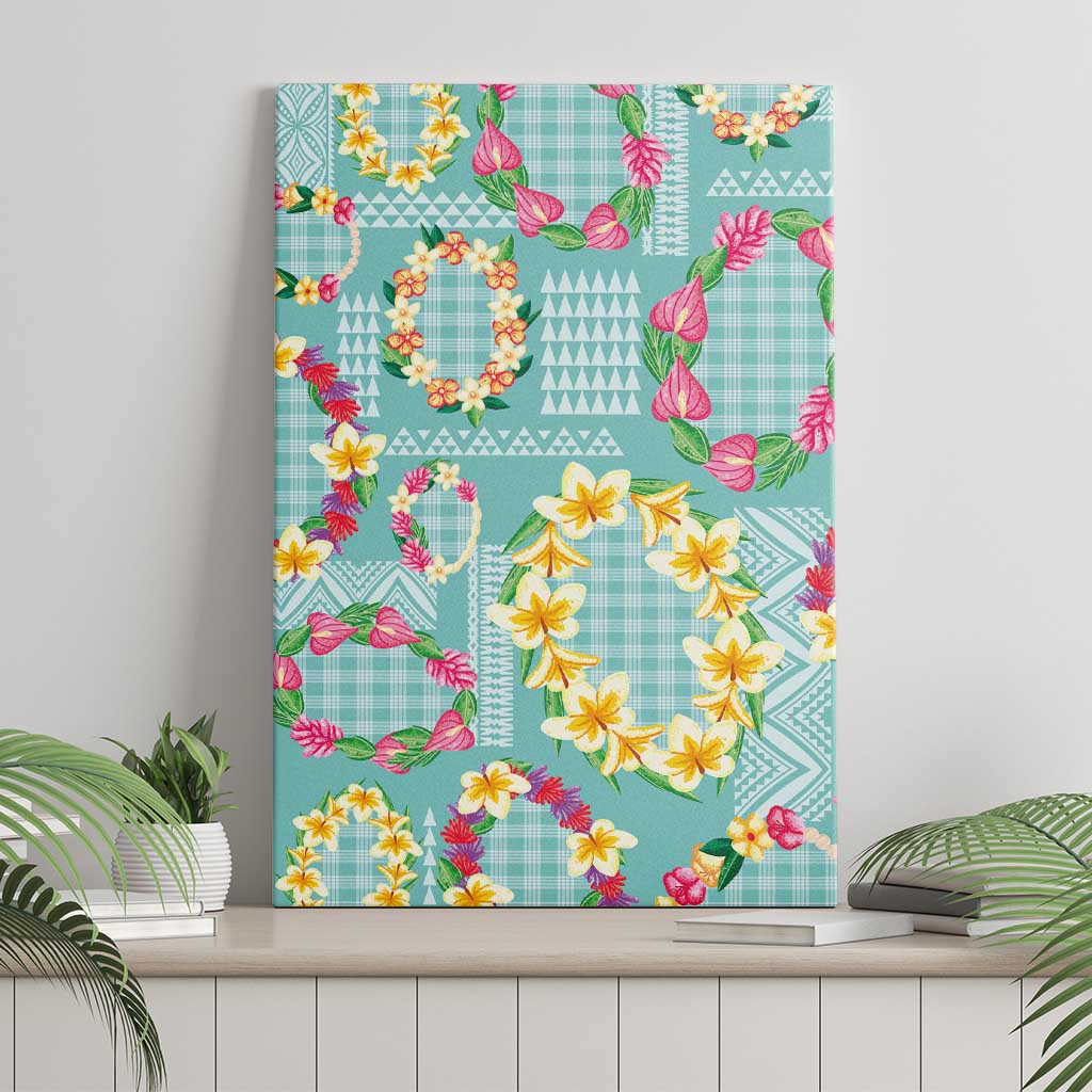 Hawaiian Leis Canvas Wall Art Kakau Tattoos and Palaka Pastel Teal Color