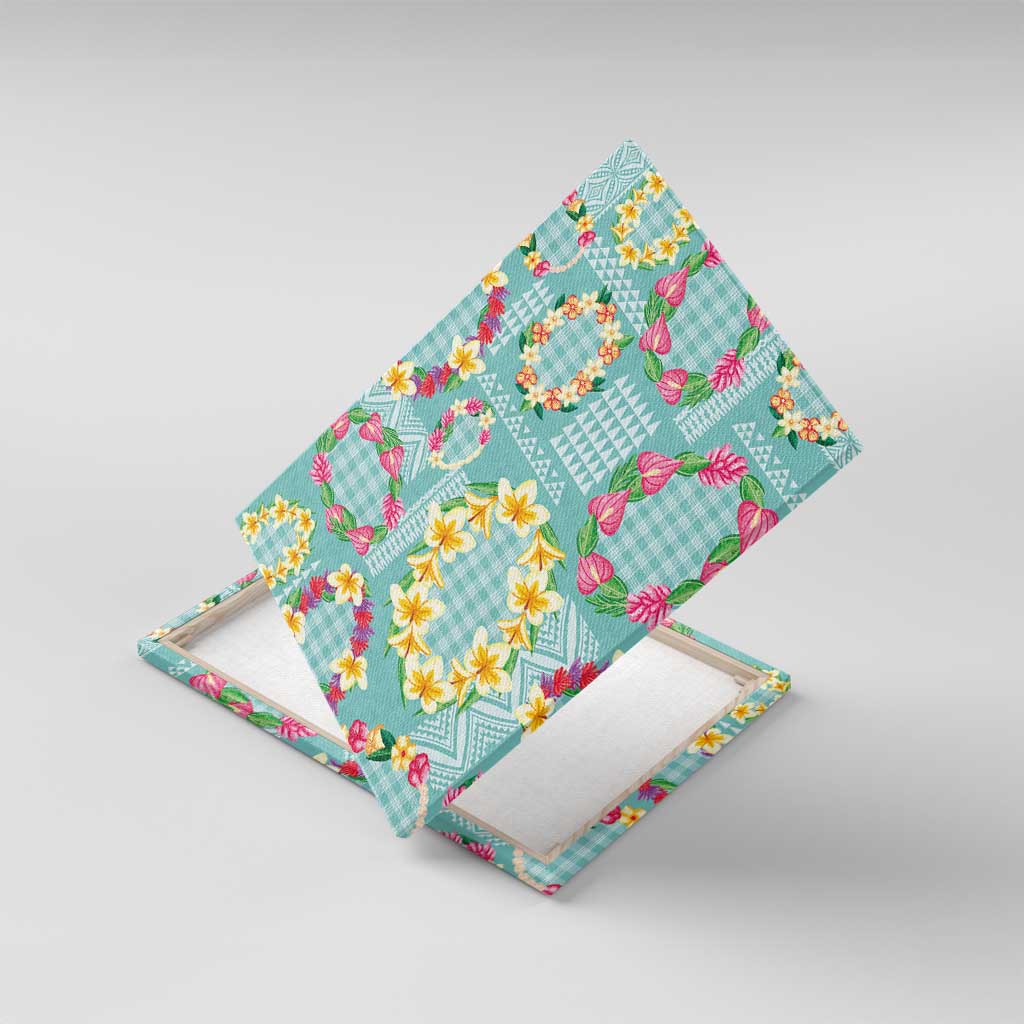 Hawaiian Leis Canvas Wall Art Kakau Tattoos and Palaka Pastel Teal Color