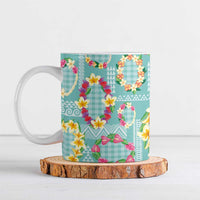 Hawaiian Leis Ceramic Mug Kakau Tattoos and Palaka Pastel Teal Color