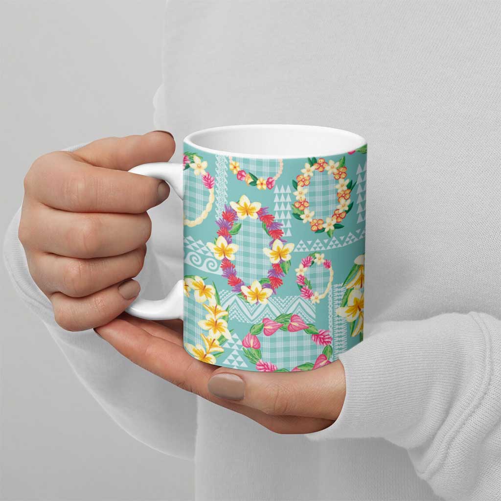 Hawaiian Leis Ceramic Mug Kakau Tattoos and Palaka Pastel Teal Color