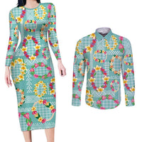 Hawaiian Leis Couples Matching Long Sleeve Bodycon Dress and Long Sleeve Button Shirt Kakau Tattoos and Palaka Pastel Teal Color LT03 Teal - Polynesian Pride