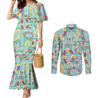 Hawaiian Leis Couples Matching Mermaid Dress and Long Sleeve Button Shirt Kakau Tattoos and Palaka Pastel Teal Color LT03 Teal - Polynesian Pride