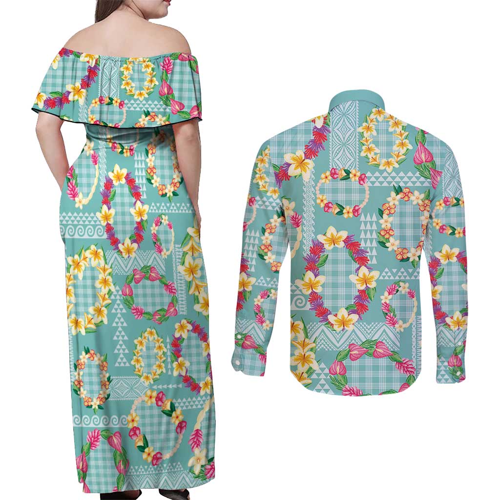 Hawaiian Leis Couples Matching Off Shoulder Maxi Dress and Long Sleeve Button Shirt Kakau Tattoos and Palaka Pastel Teal Color