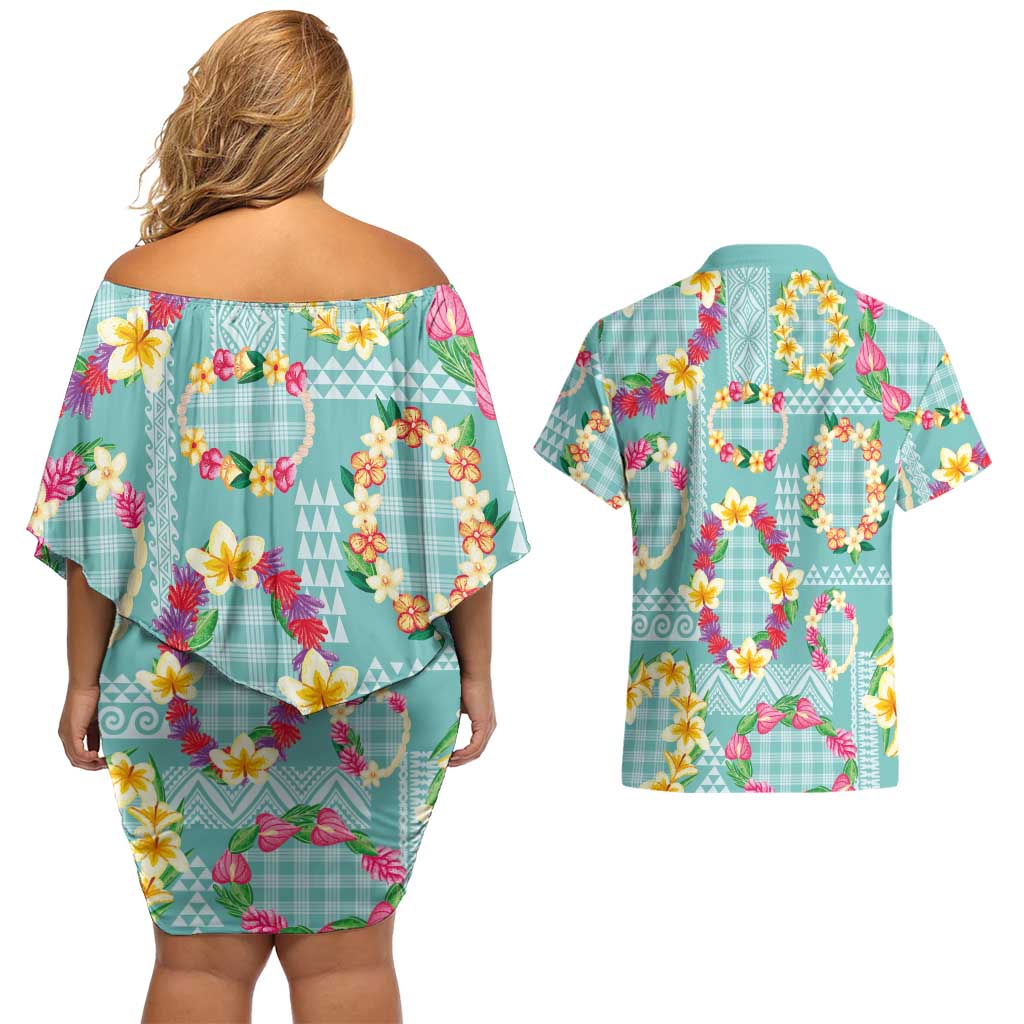 Hawaiian Leis Couples Matching Off Shoulder Short Dress and Hawaiian Shirt Kakau Tattoos and Palaka Pastel Teal Color LT03 - Polynesian Pride