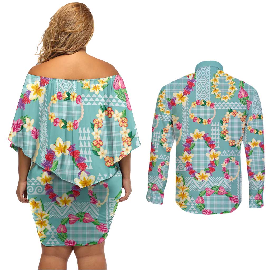 Hawaiian Leis Couples Matching Off Shoulder Short Dress and Long Sleeve Button Shirt Kakau Tattoos and Palaka Pastel Teal Color