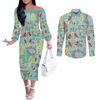 Hawaiian Leis Couples Matching Off The Shoulder Long Sleeve Dress and Long Sleeve Button Shirt Kakau Tattoos and Palaka Pastel Teal Color LT03 Teal - Polynesian Pride