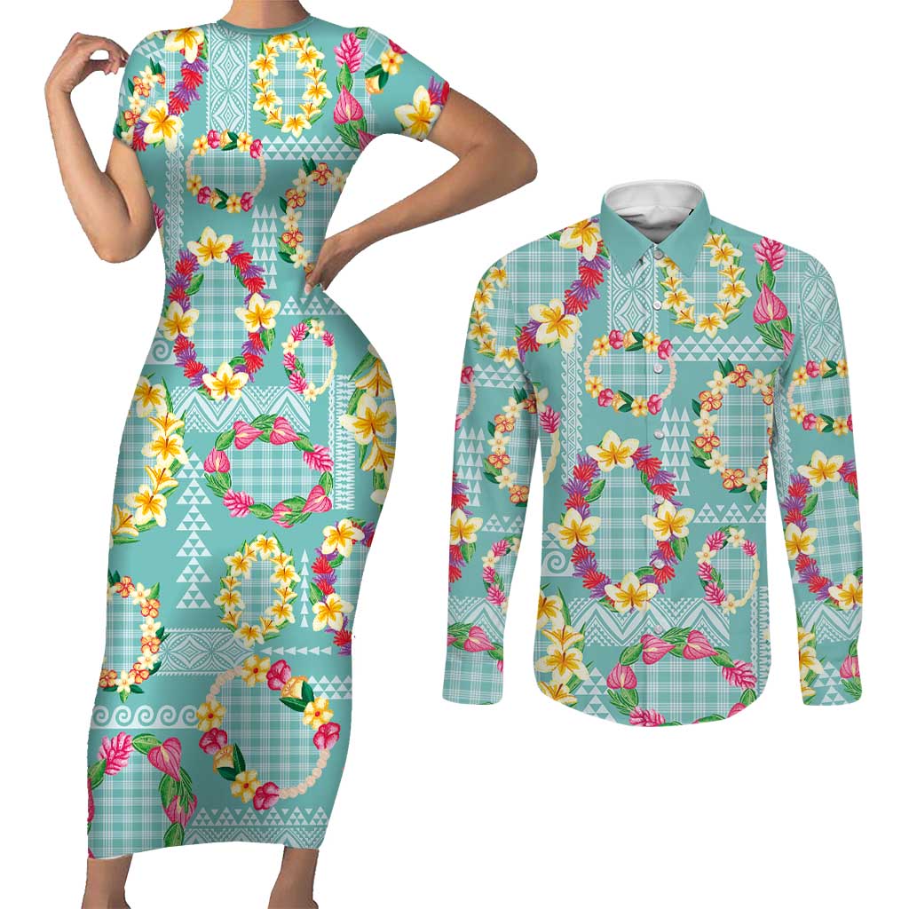 Hawaiian Leis Couples Matching Short Sleeve Bodycon Dress and Long Sleeve Button Shirt Kakau Tattoos and Palaka Pastel Teal Color LT03 Teal - Polynesian Pride