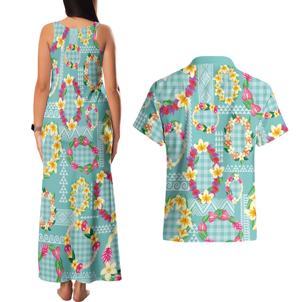 Hawaiian Leis Couples Matching Tank Maxi Dress and Hawaiian Shirt Kakau Tattoos and Palaka Pastel Teal Color LT03 - Polynesian Pride