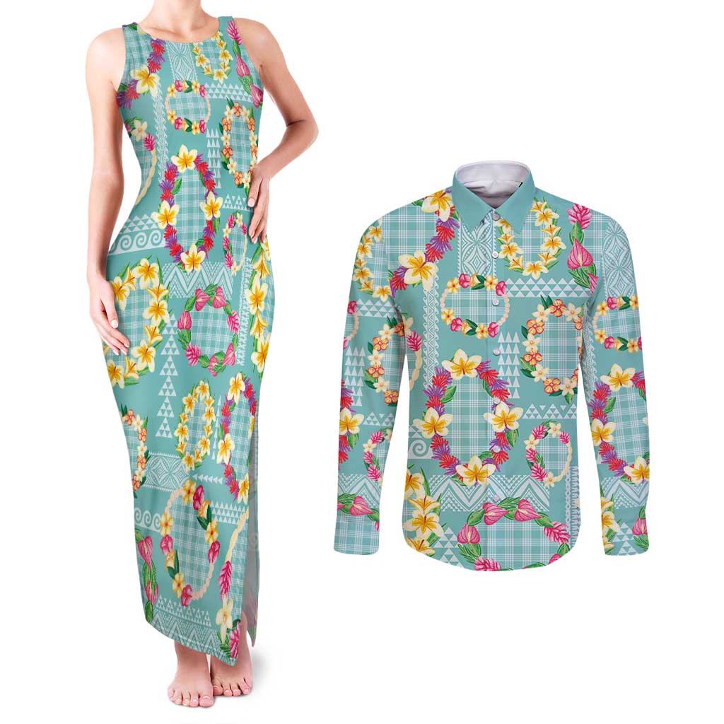 Hawaiian Leis Couples Matching Tank Maxi Dress and Long Sleeve Button Shirt Kakau Tattoos and Palaka Pastel Teal Color LT03 Teal - Polynesian Pride