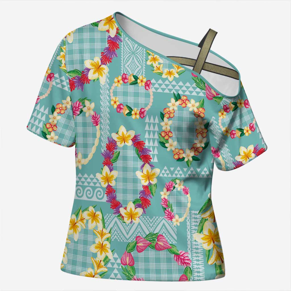Hawaiian Leis Cross Shoulder Shirt Kakau Tattoos and Palaka Pastel Teal Color