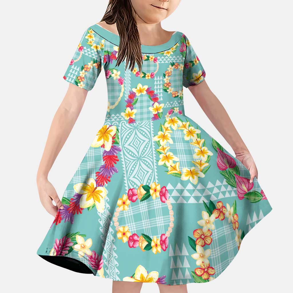 Hawaiian Leis Family Matching Long Sleeve Bodycon Dress and Hawaiian Shirt Kakau Tattoos and Palaka Pastel Teal Color LT03 Daughter's Dress Teal - Polynesian Pride