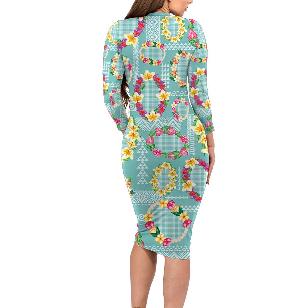 Hawaiian Leis Family Matching Long Sleeve Bodycon Dress and Hawaiian Shirt Kakau Tattoos and Palaka Pastel Teal Color LT03 - Polynesian Pride