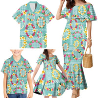 Hawaiian Leis Family Matching Mermaid Dress and Hawaiian Shirt Kakau Tattoos and Palaka Pastel Teal Color LT03 - Polynesian Pride