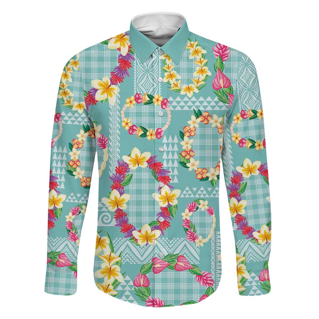 Hawaiian Leis Family Matching Mermaid Dress and Hawaiian Shirt Kakau Tattoos and Palaka Pastel Teal Color LT03 Dad's Shirt - Long Sleeve Teal - Polynesian Pride