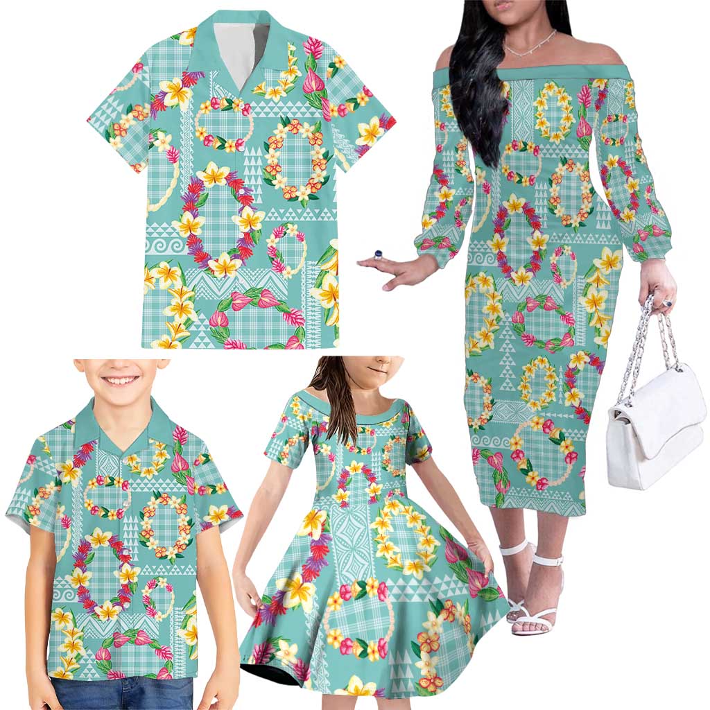 Hawaiian Leis Family Matching Off The Shoulder Long Sleeve Dress and Hawaiian Shirt Kakau Tattoos and Palaka Pastel Teal Color