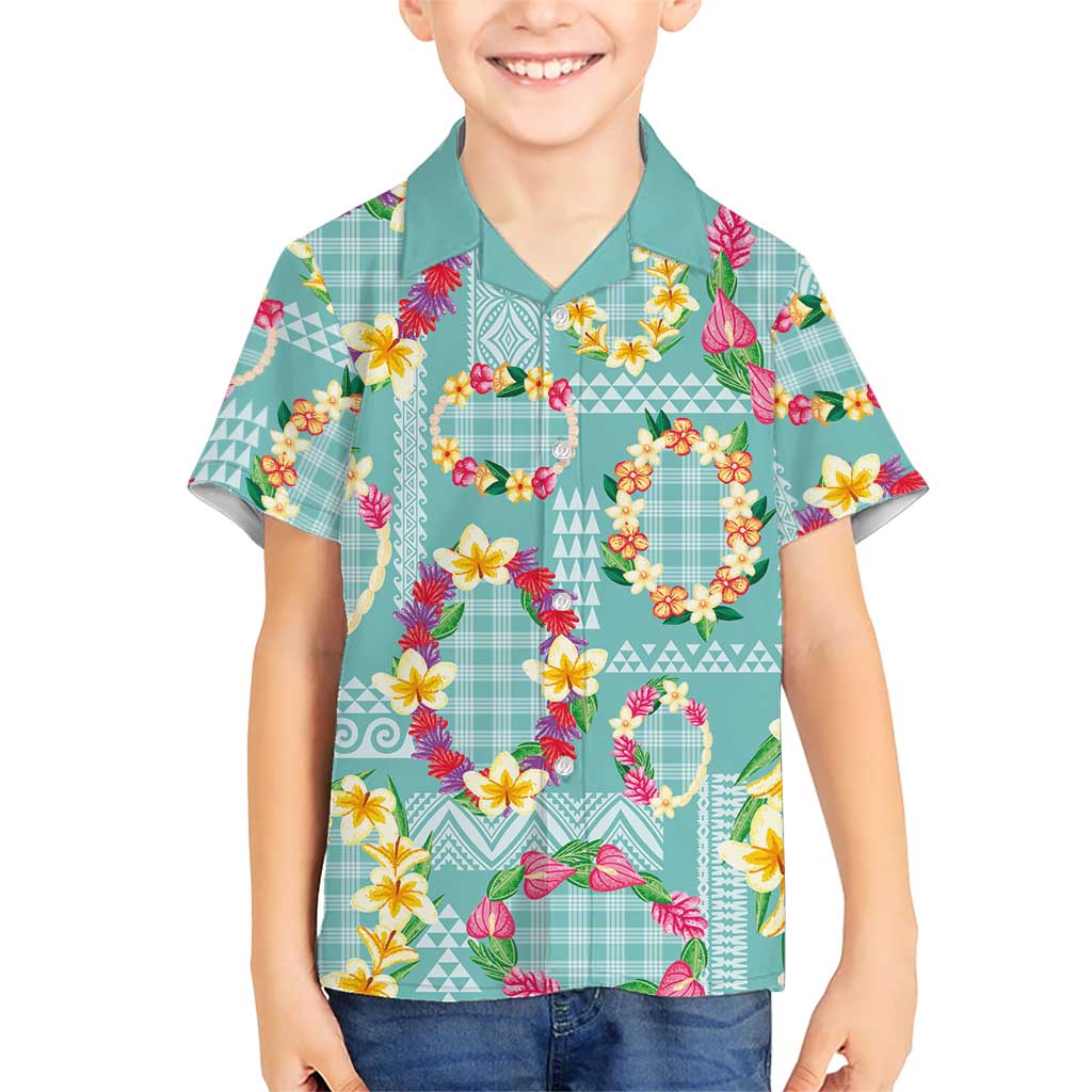 Hawaiian Leis Family Matching Off The Shoulder Long Sleeve Dress and Hawaiian Shirt Kakau Tattoos and Palaka Pastel Teal Color LT03 Son's Shirt Teal - Polynesian Pride