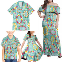 Hawaiian Leis Family Matching Off Shoulder Maxi Dress and Hawaiian Shirt Kakau Tattoos and Palaka Pastel Teal Color LT03 - Polynesian Pride