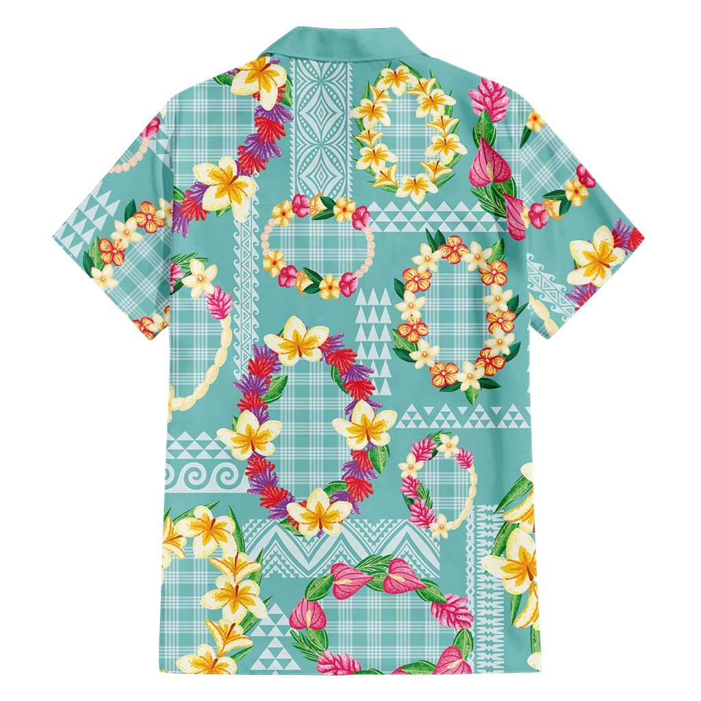 Hawaiian Leis Family Matching Off Shoulder Maxi Dress and Hawaiian Shirt Kakau Tattoos and Palaka Pastel Teal Color LT03 - Polynesian Pride