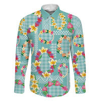 Hawaiian Leis Family Matching Off Shoulder Maxi Dress and Hawaiian Shirt Kakau Tattoos and Palaka Pastel Teal Color LT03 Dad's Shirt - Long Sleeve Teal - Polynesian Pride