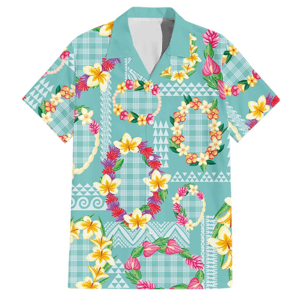 Hawaiian Leis Family Matching Off Shoulder Short Dress and Hawaiian Shirt Kakau Tattoos and Palaka Pastel Teal Color LT03 Dad's Shirt - Short Sleeve Teal - Polynesian Pride