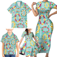 Hawaiian Leis Family Matching Short Sleeve Bodycon Dress and Hawaiian Shirt Kakau Tattoos and Palaka Pastel Teal Color LT03 - Polynesian Pride