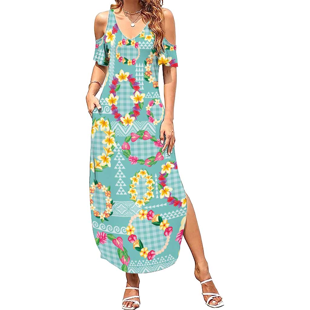 Hawaiian Leis Family Matching Summer Maxi Dress and Hawaiian Shirt Kakau Tattoos and Palaka Pastel Teal Color LT03 Mom's Dress Teal - Polynesian Pride