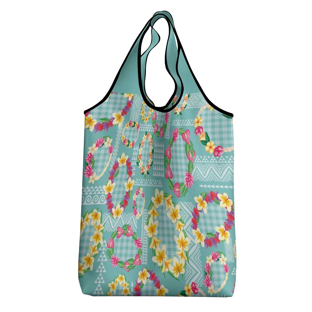 Hawaiian Leis Grocery Bag Kakau Tattoos and Palaka Pastel Teal Color