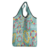 Hawaiian Leis Grocery Bag Kakau Tattoos and Palaka Pastel Teal Color