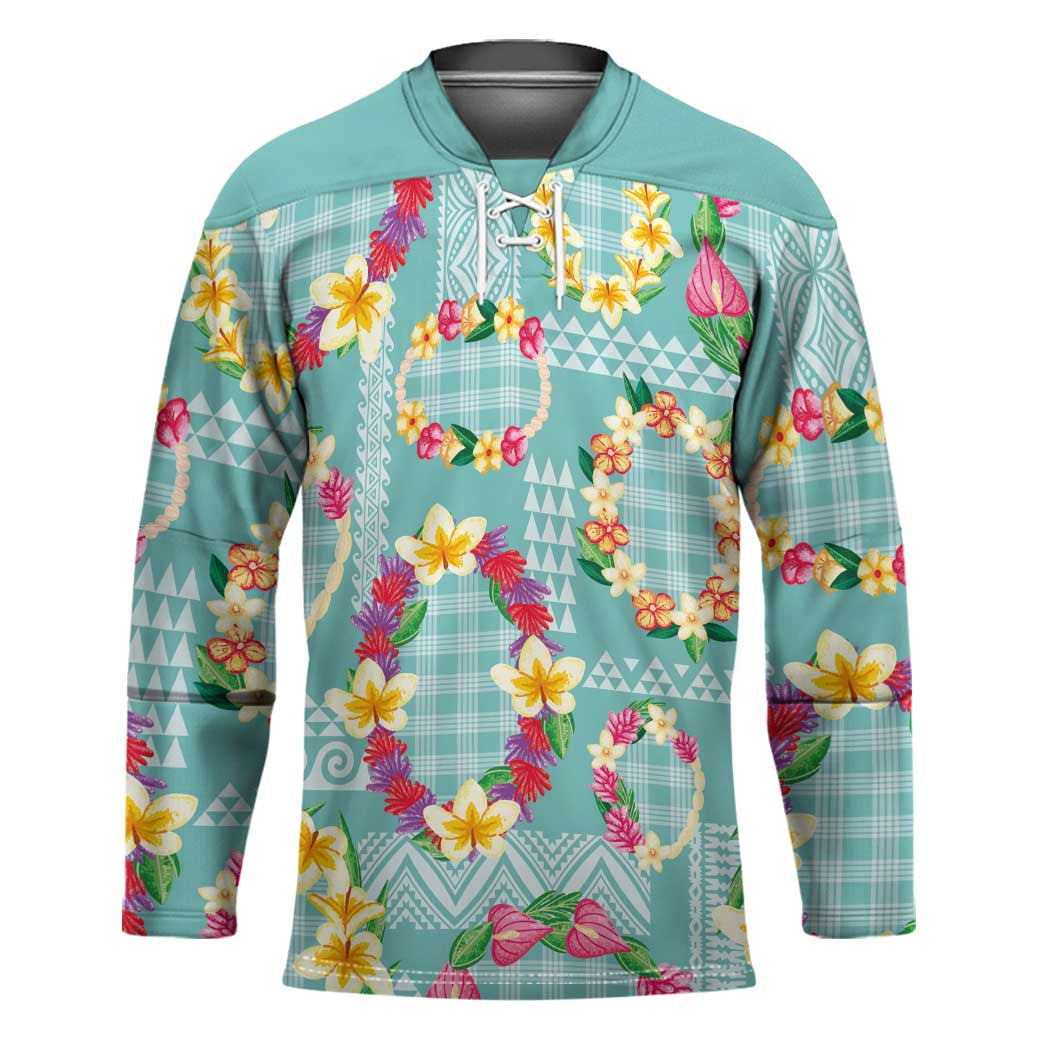 Hawaiian Leis Hockey Jersey Kakau Tattoos and Palaka Pastel Teal Color