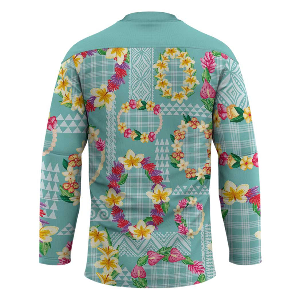 Hawaiian Leis Hockey Jersey Kakau Tattoos and Palaka Pastel Teal Color