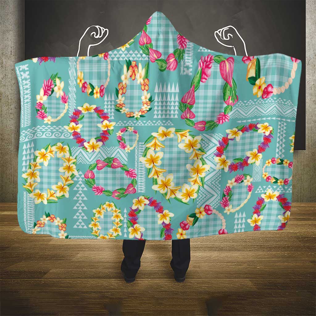 Hawaiian Leis Hooded Blanket Kakau Tattoos and Palaka Pastel Teal Color