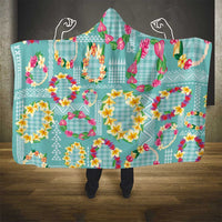 Hawaiian Leis Hooded Blanket Kakau Tattoos and Palaka Pastel Teal Color