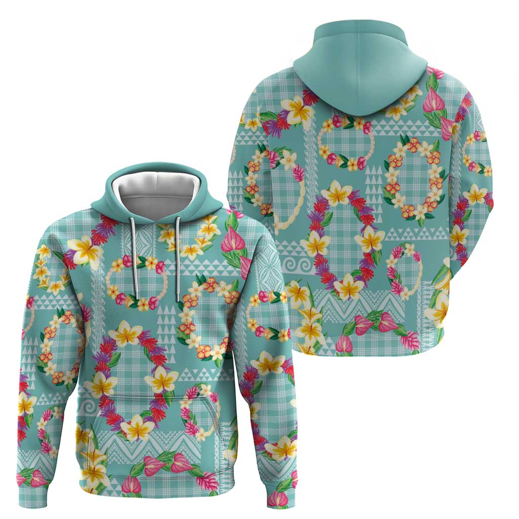 Hawaiian Leis Hoodie Kakau Tattoos and Palaka Pastel Teal Color