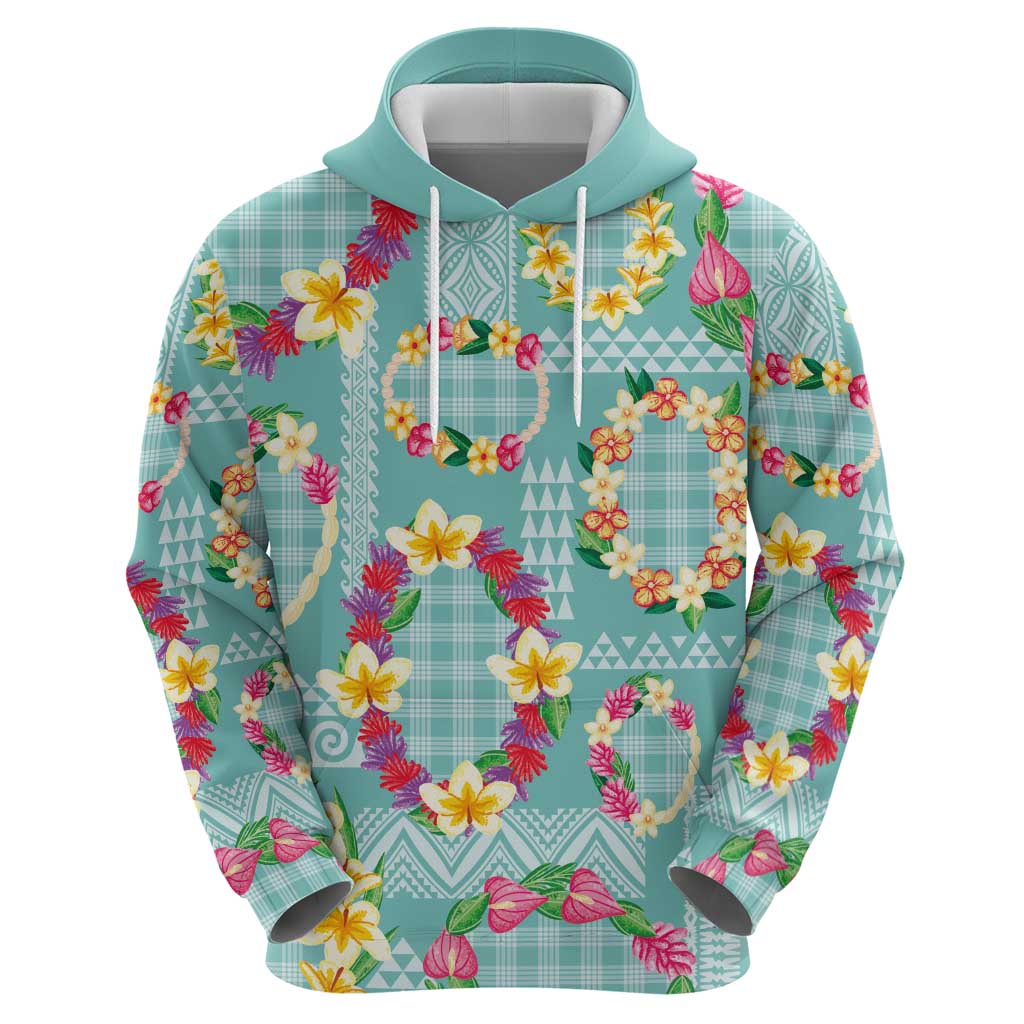 Hawaiian Leis Hoodie Kakau Tattoos and Palaka Pastel Teal Color