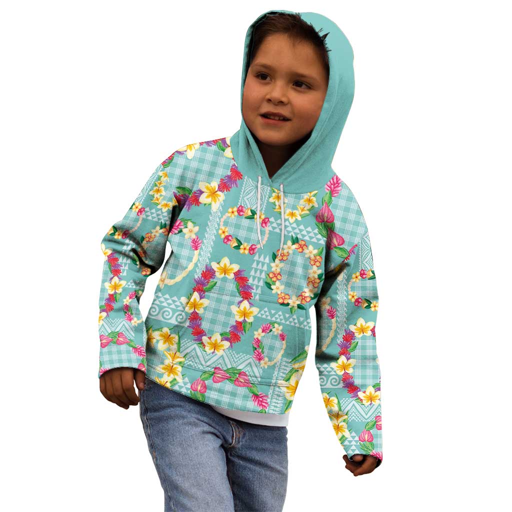 Hawaiian Leis Kid Hoodie Kakau Tattoos and Palaka Pastel Teal Color