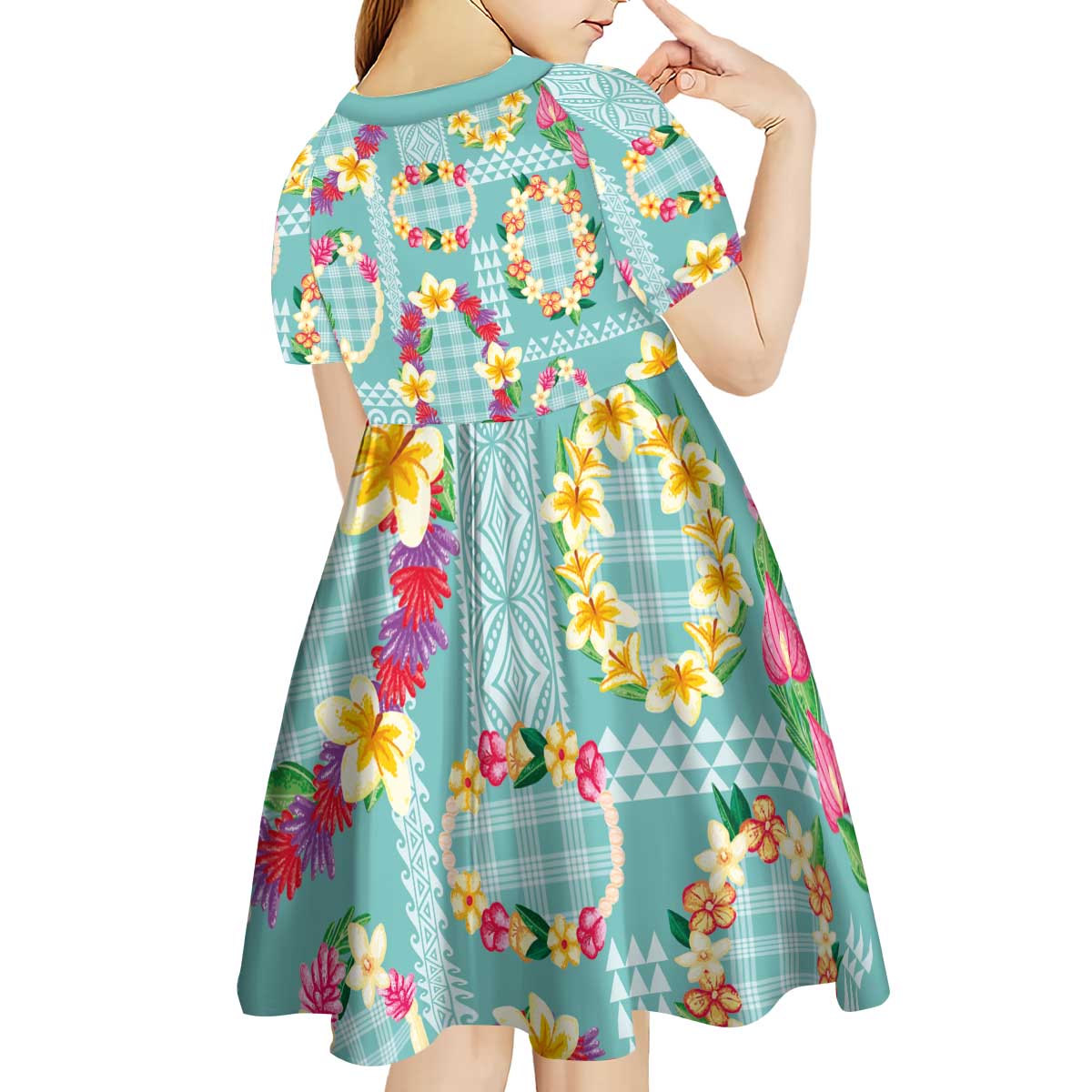 Hawaiian Leis Kid Short Sleeve Dress Kakau Tattoos and Palaka Pastel Teal Color