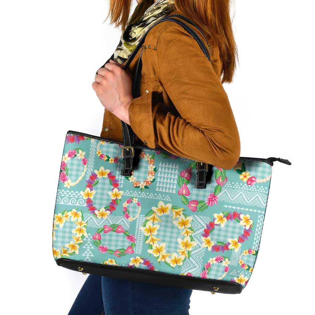Hawaiian Leis Leather Tote Bag Kakau Tattoos and Palaka Pastel Teal Color