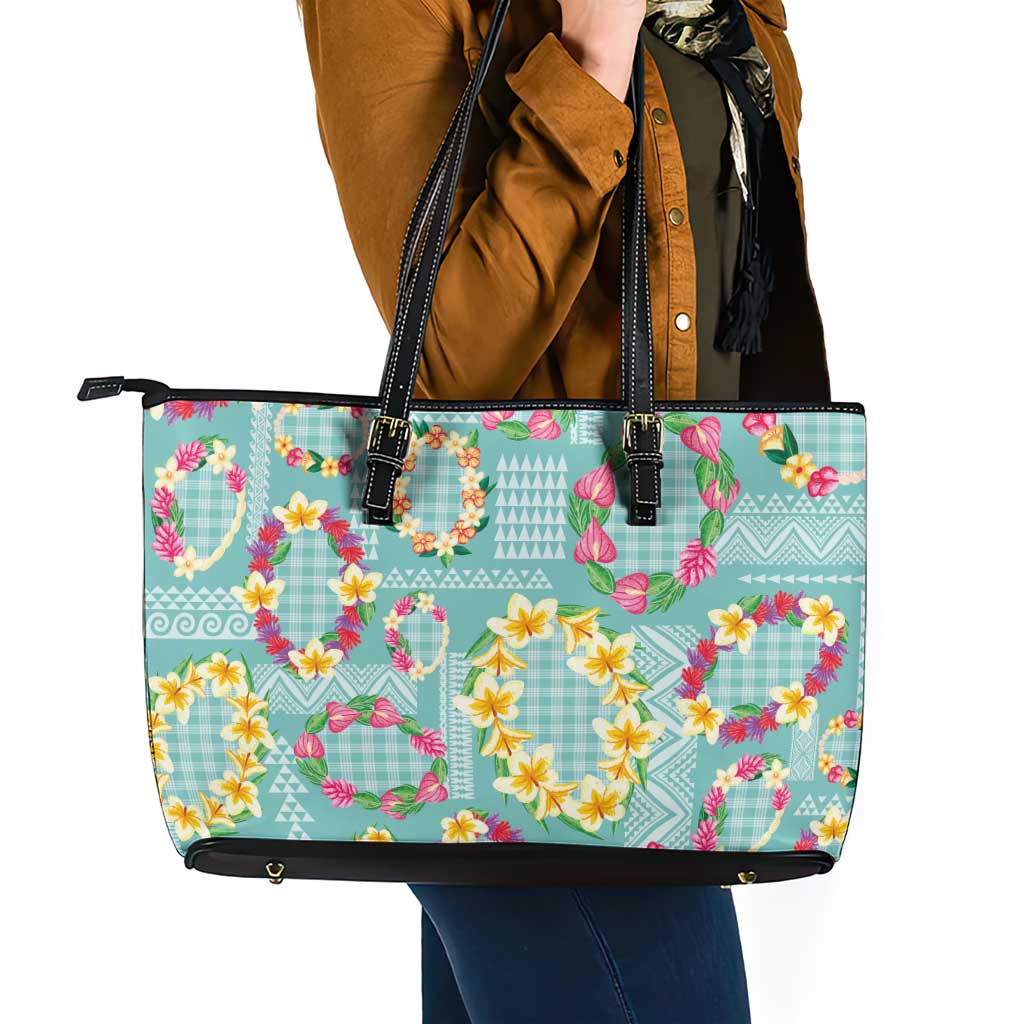 Hawaiian Leis Leather Tote Bag Kakau Tattoos and Palaka Pastel Teal Color
