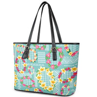 Hawaiian Leis Leather Tote Bag Kakau Tattoos and Palaka Pastel Teal Color