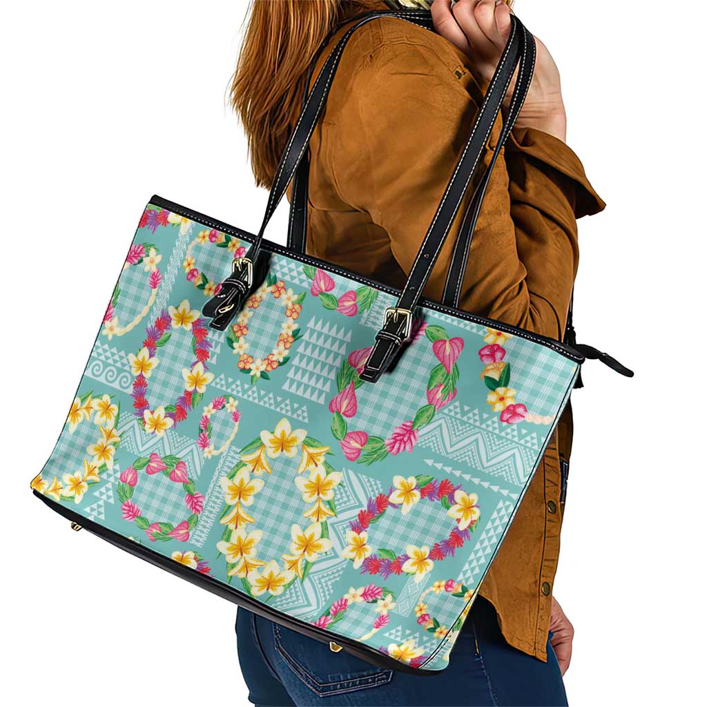 Hawaiian Leis Leather Tote Bag Kakau Tattoos and Palaka Pastel Teal Color