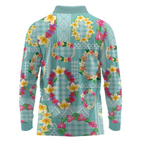 Hawaiian Leis Long Sleeve Polo Shirt Kakau Tattoos and Palaka Pastel Teal Color