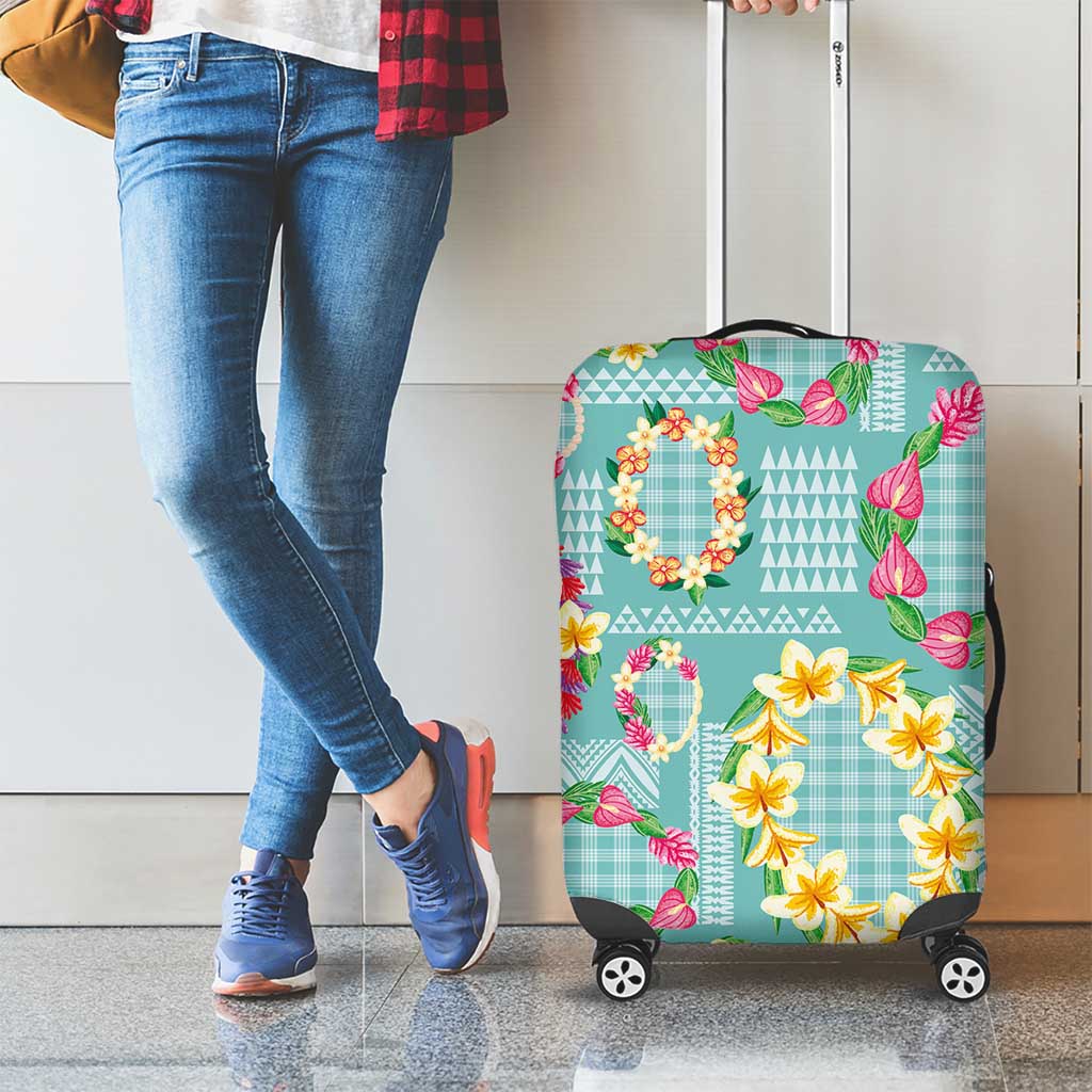 Hawaiian Leis Luggage Cover Kakau Tattoos and Palaka Pastel Teal Color