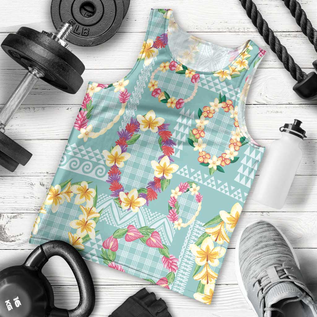 Hawaiian Leis Men Tank Top Kakau Tattoos and Palaka Pastel Teal Color