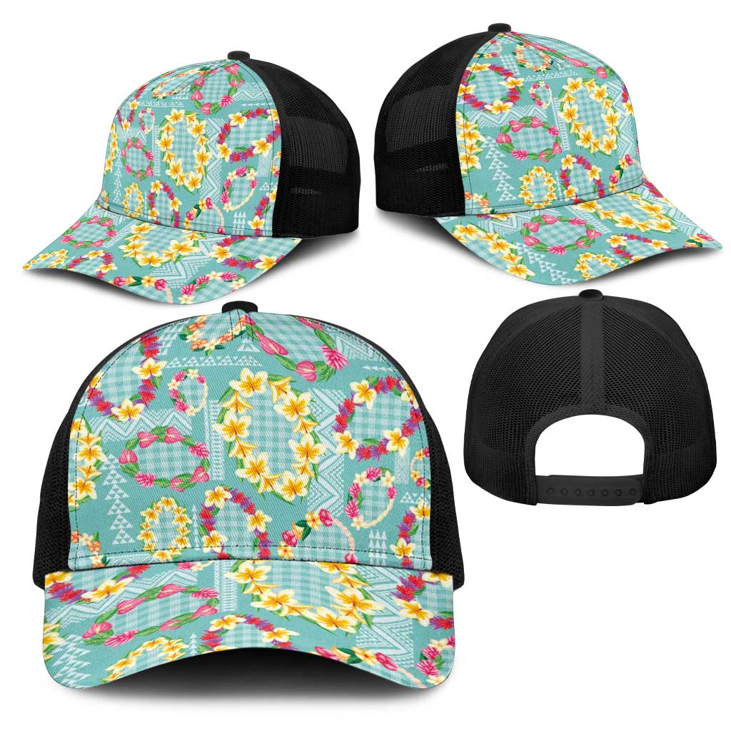 Hawaiian Leis Mesh Trucker Cap Kakau Tattoos and Palaka Pastel Teal Color