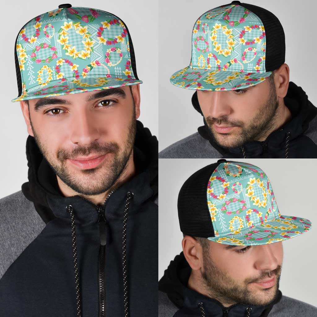 Hawaiian Leis Mesh Trucker Cap Kakau Tattoos and Palaka Pastel Teal Color