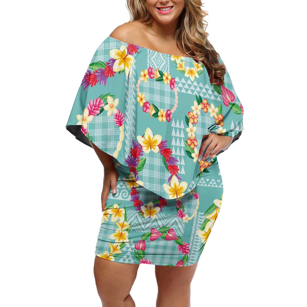 Hawaiian Leis Off Shoulder Short Dress Kakau Tattoos and Palaka Pastel Teal Color