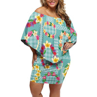 Hawaiian Leis Off Shoulder Short Dress Kakau Tattoos and Palaka Pastel Teal Color